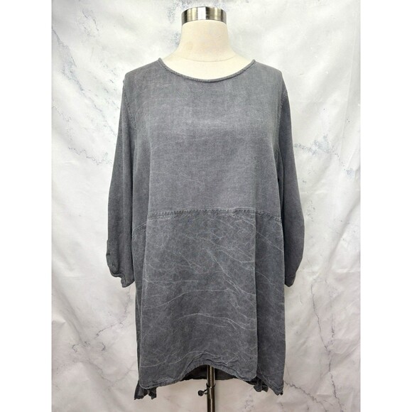 Caroline Rose Tunic Blouse Women 1X Gray Linen Relaxed Lagenlook Hi Low Boho - Picture 3 of 16